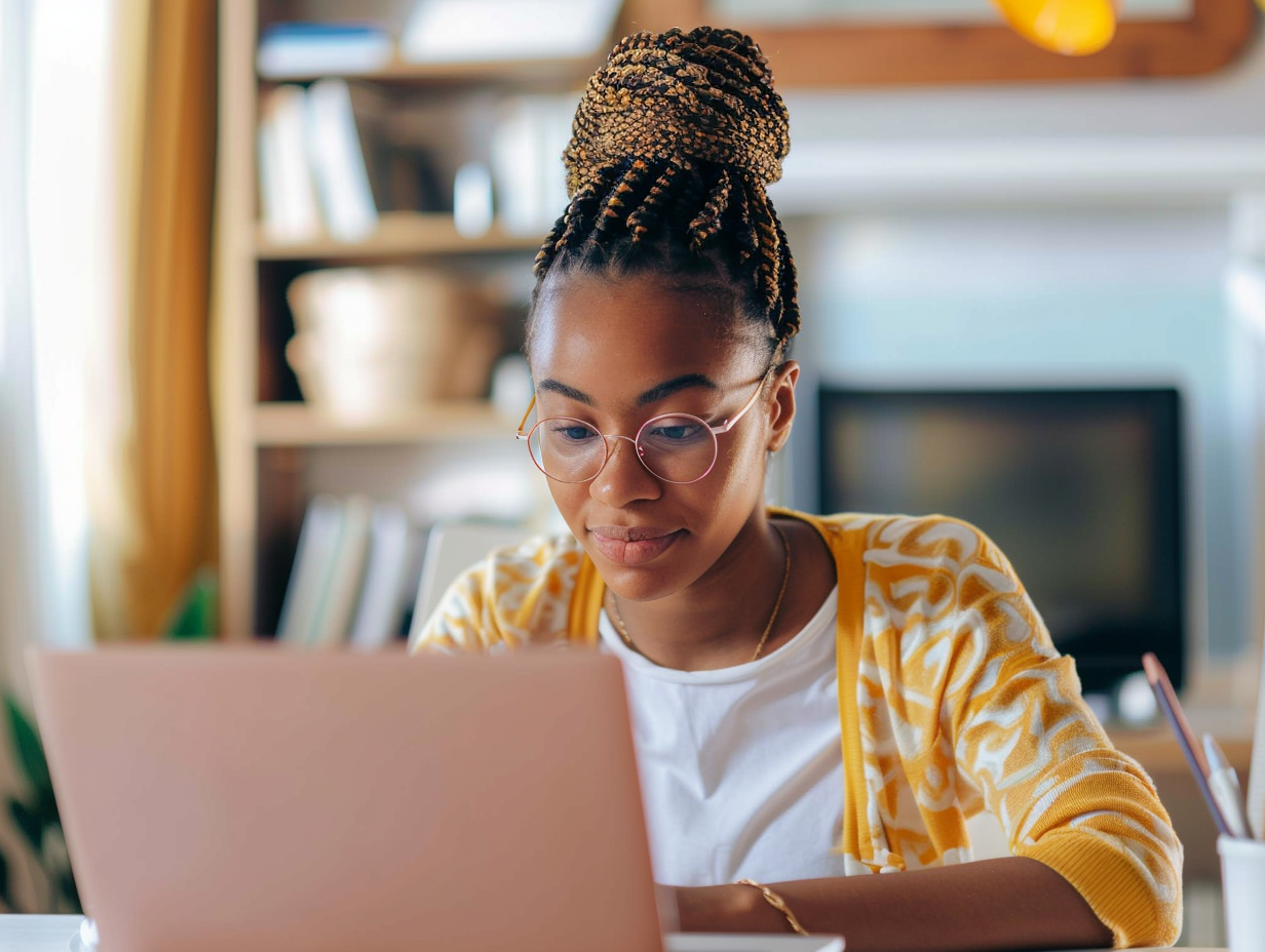 A student at her laptop studying.