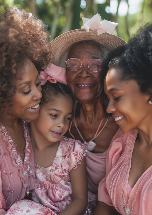 An image of four women from the same family enjoying time together, starting with a young child, a teen, a mother, and a grandmother.