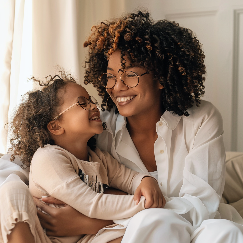 An image of a mother and young daughter laughing together.